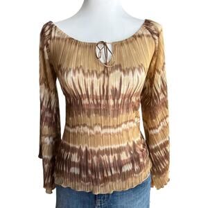 y2k brown & tan tie-dye top with flare sleeves and tie neck